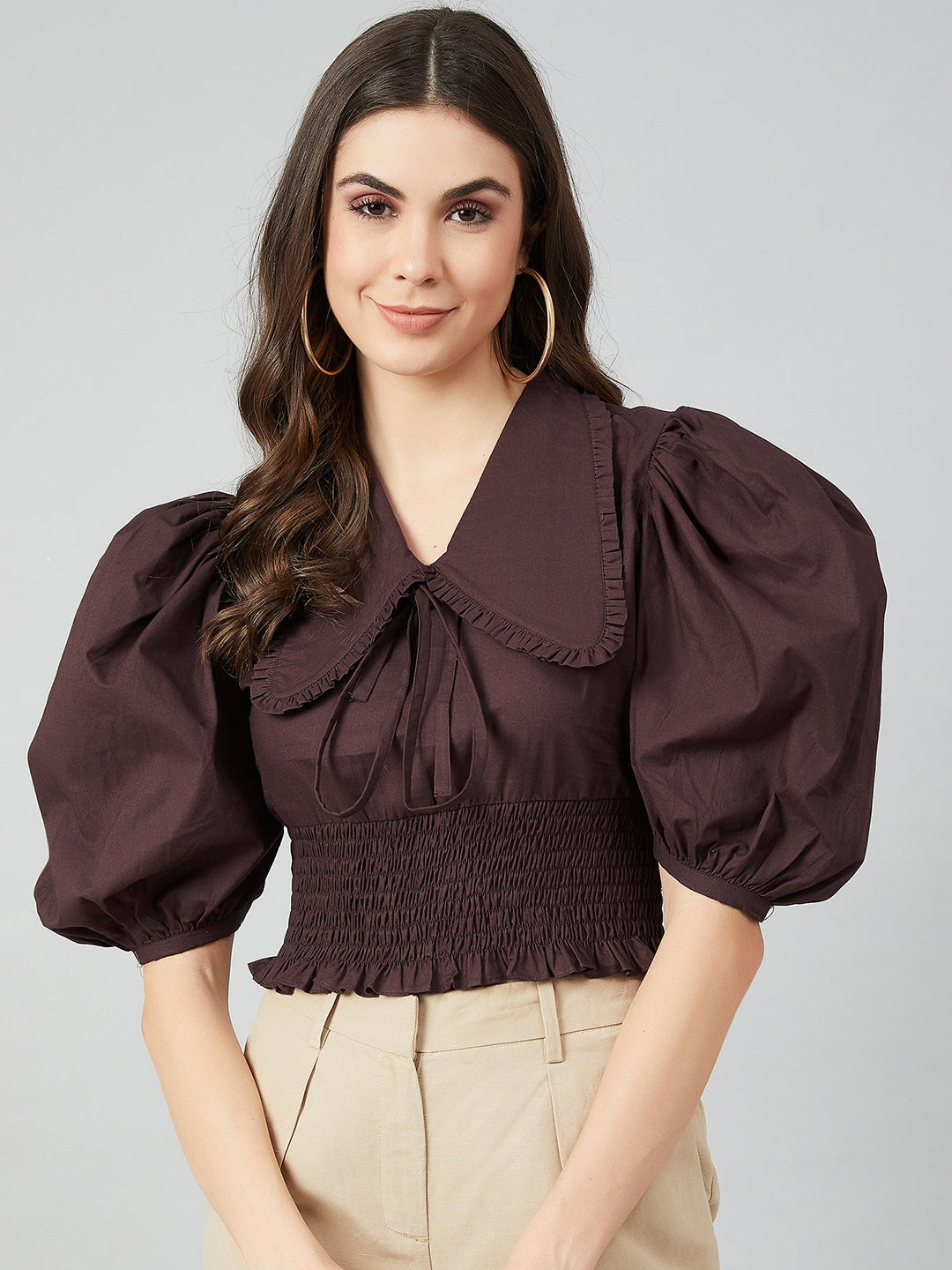 Athena Coffee Brown Tie-Up Neck Puff Sleeves Smocked Pure Cotton Top