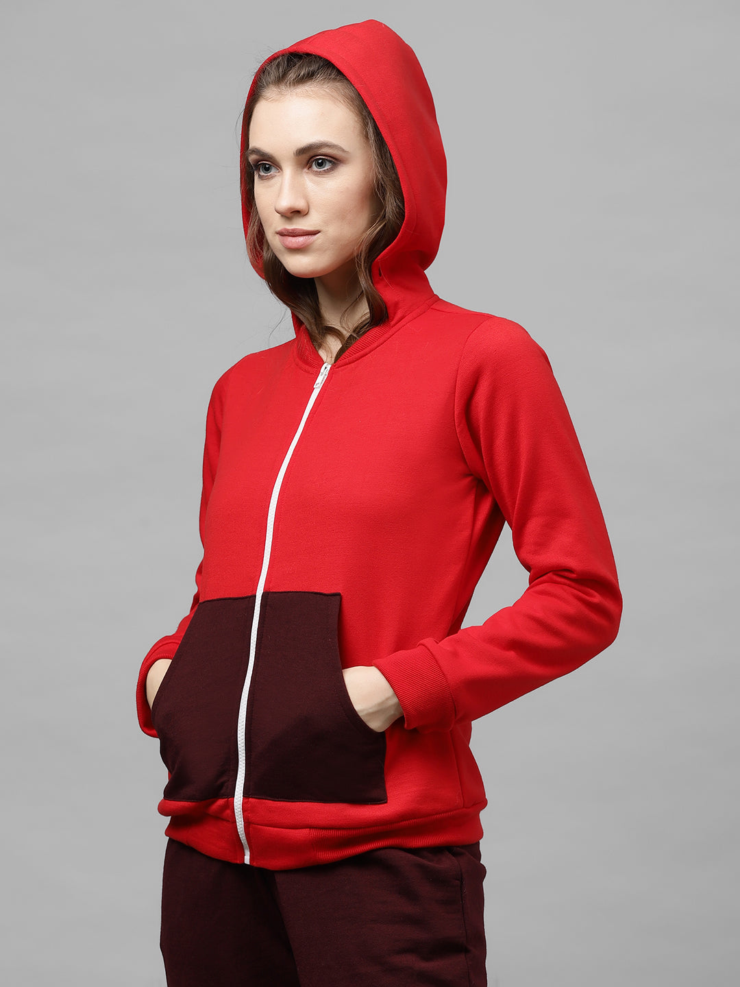 Athena Women Red & Burgundy Solid Hooded Sweatshirt & Colourblocked Joggers - Athena Lifestyle