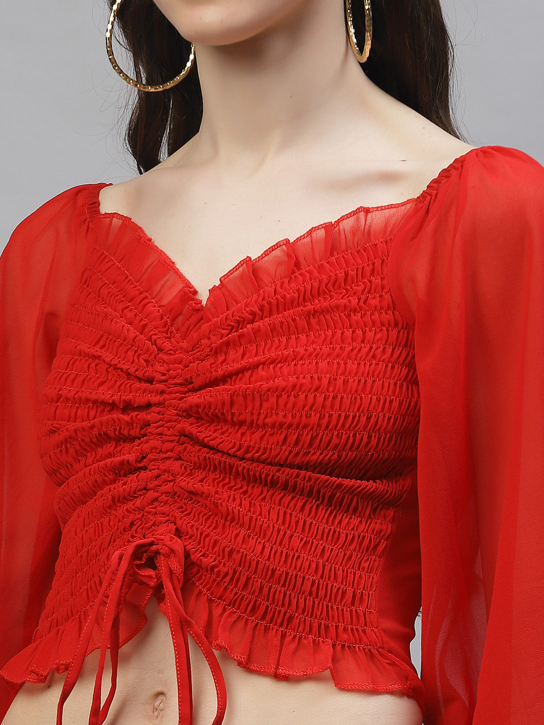 Athena Red Sweetheart Neck Puff Sleeves Georgette Crop Top