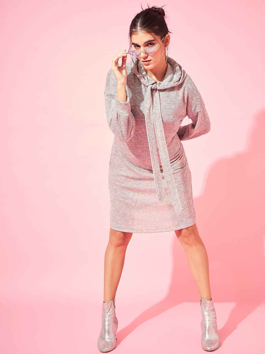 Athena Grey Self Design Hooded Woollen Sweater Dress