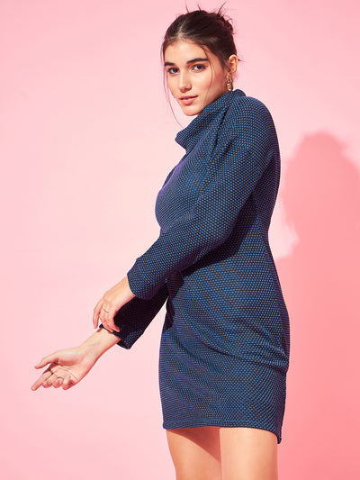 Athena Blue Self Design Woollen Sweater Dress