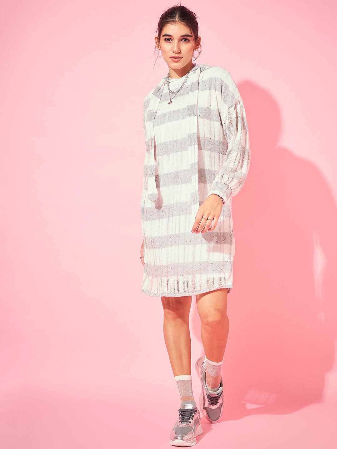 Athena White Striped Woollen Sweater Dress