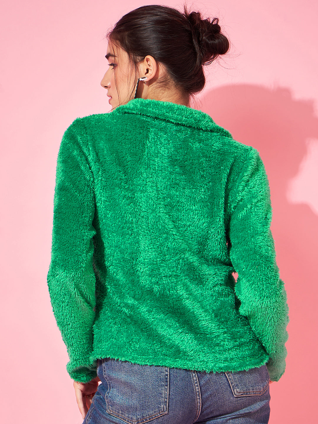 Athena Green Self Design Shirt Collar Fur Sweatshirt