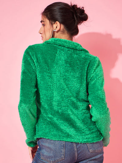 Athena Green Self Design Shirt Collar Fur Sweatshirt