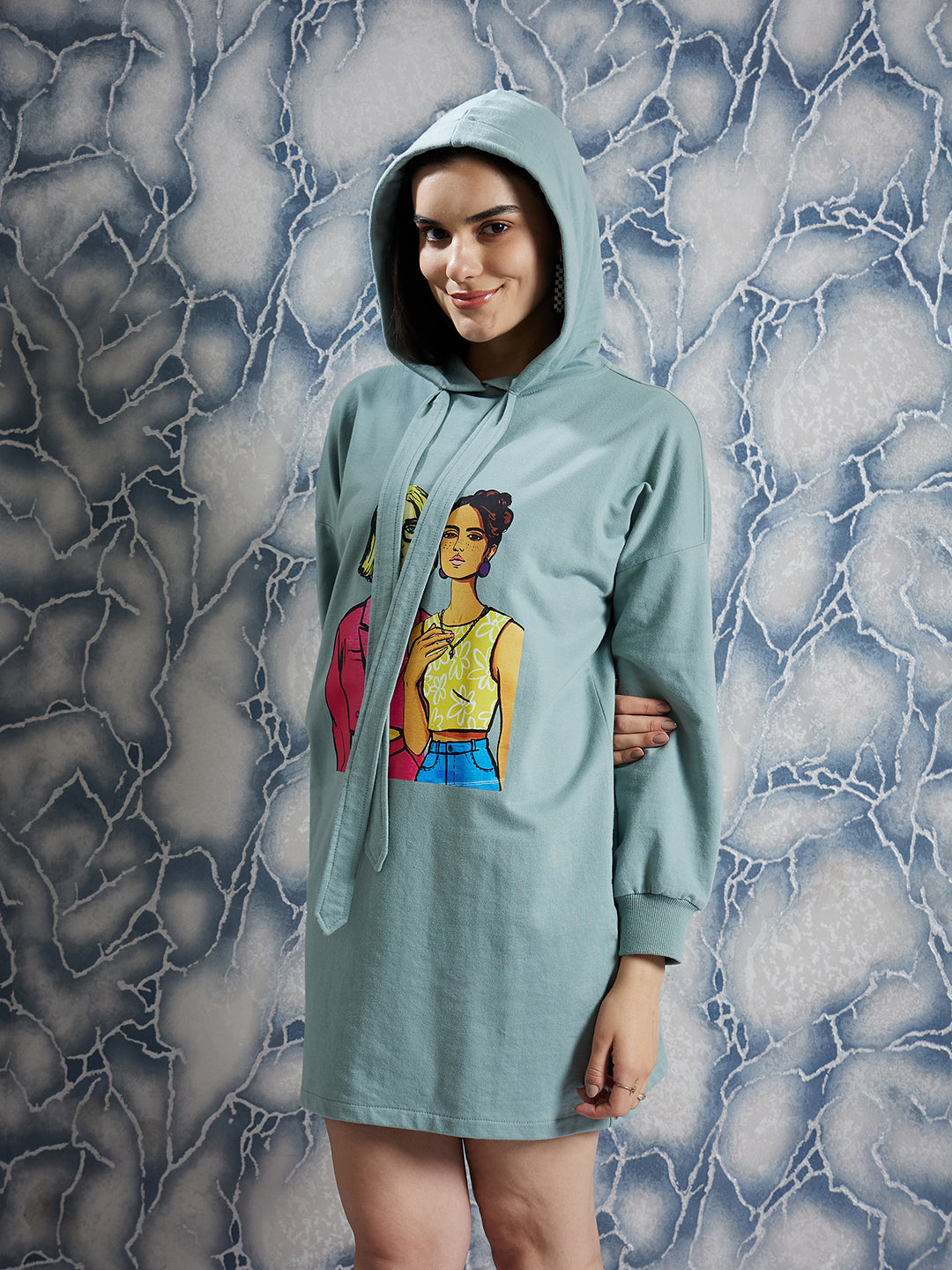 Athena Green Graphic Printed Hooded Long Sleeves T-shirt Dress