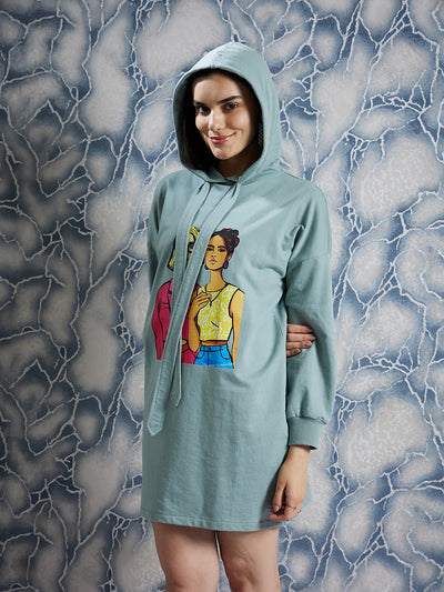 Athena Green Graphic Printed Hooded Long Sleeves T-shirt Dress