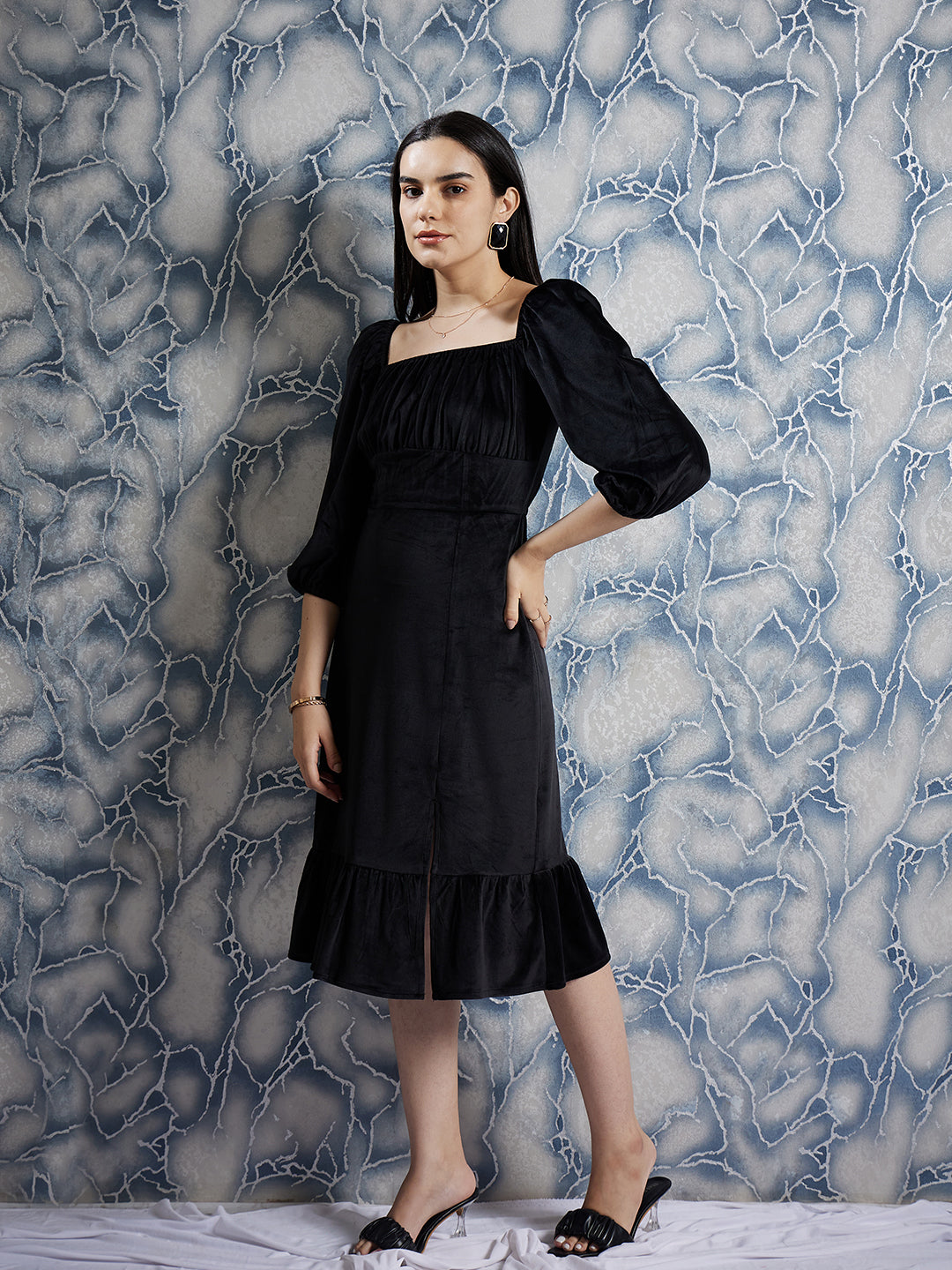 Athena Black Square Neck Puff Sleeves Gathered Detailed Midi Sheath Dr –  athenalifestyle.com