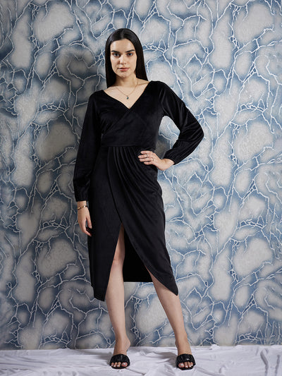 Athena Black V-Neck Long Sleeves Gathered Wrap Midi Dress