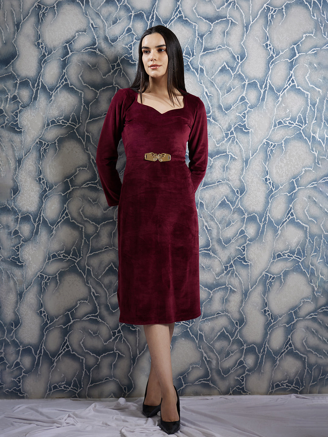 Athena Maroon Sweetheart Neck Embellished Detailed A-Line Midi Dress