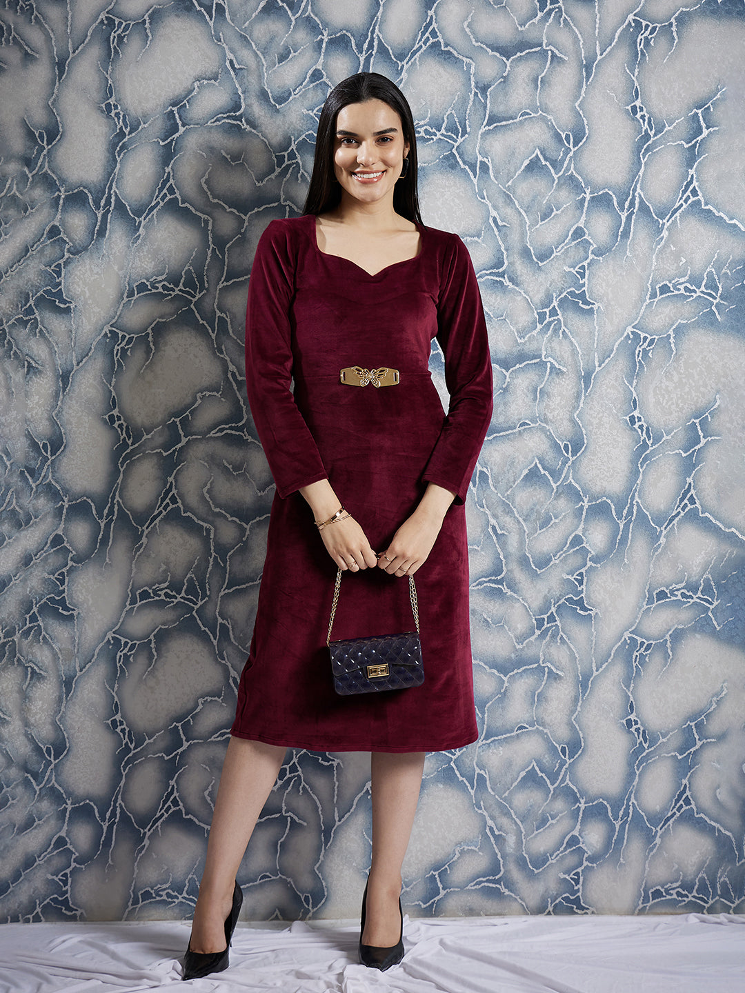 Athena Maroon Sweetheart Neck Embellished Detailed A-Line Midi Dress