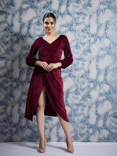 Athena Maroon V-Neck Long Sleeves Gathered Wrap Midi Dress