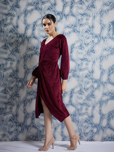 Athena Maroon V-Neck Long Sleeves Gathered Wrap Midi Dress