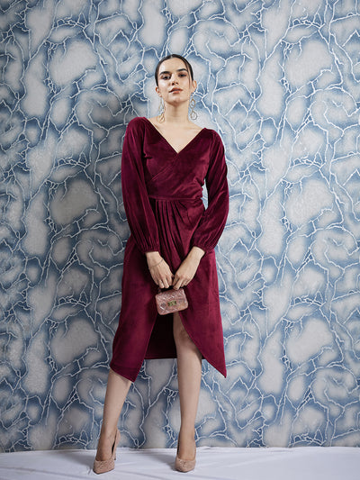 Athena Maroon V-Neck Long Sleeves Gathered Wrap Midi Dress