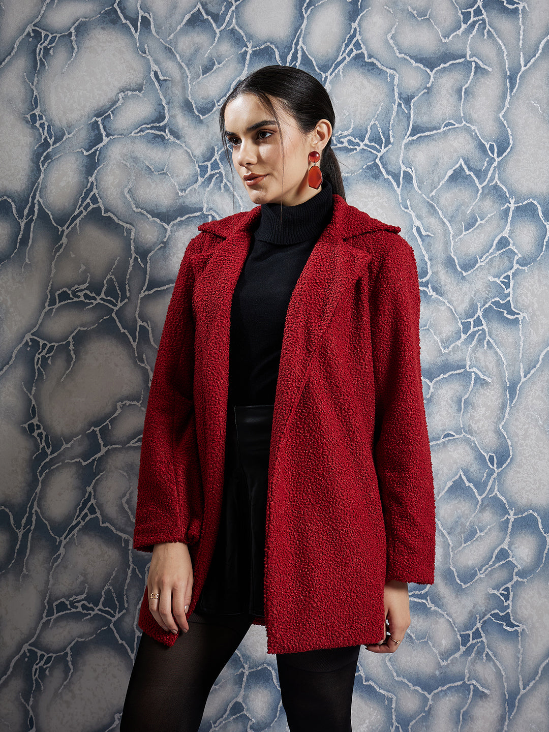 Athena Maroon Woollen Textured Front-Open Overcoat