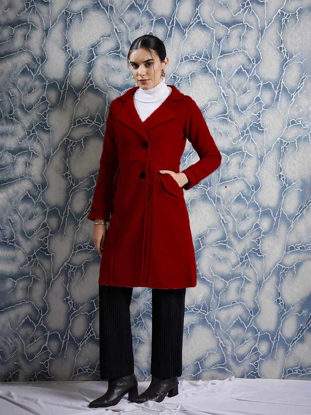 Athena Red Single-Breasted Woollen Trench Coat