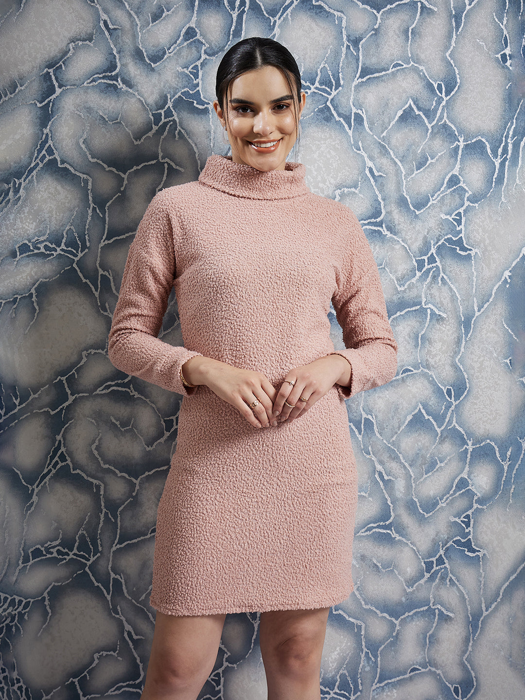 Athena Pink Self Design Turtle Neck Long Sleeves A-Line Dress