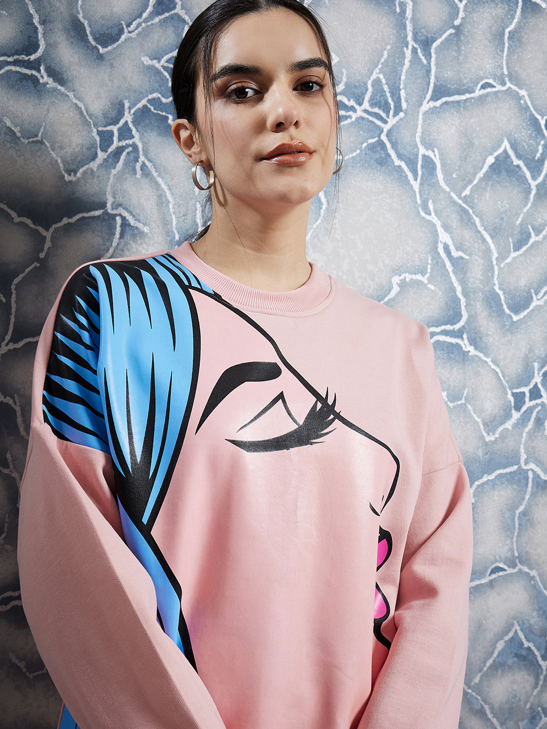 Athena Peach Graphic Printed Drop Shoulder Sleeves Fleece Pullover