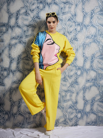 Athena Yellow Graphic Printed Drop Shoulder Sleeves Fleece Pullover