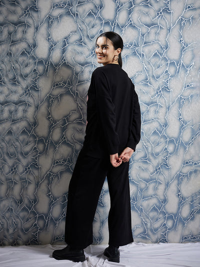 Athena Black Graphic Printed Drop Shoulder Sleeves Fleece Pullover