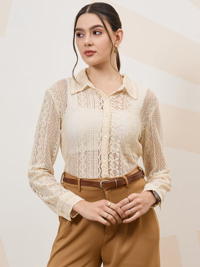 Shally Bhasin by Athena Self Design Cuffed Sleeves Lace Inserts Semi Sheer Shirt Style Top
