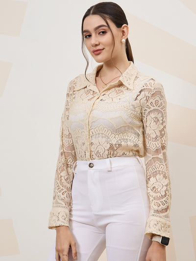 Shally Bhasin by Athena Self Design Cuffed Sleeves Lace Inserts Semi Sheer Shirt Style Top