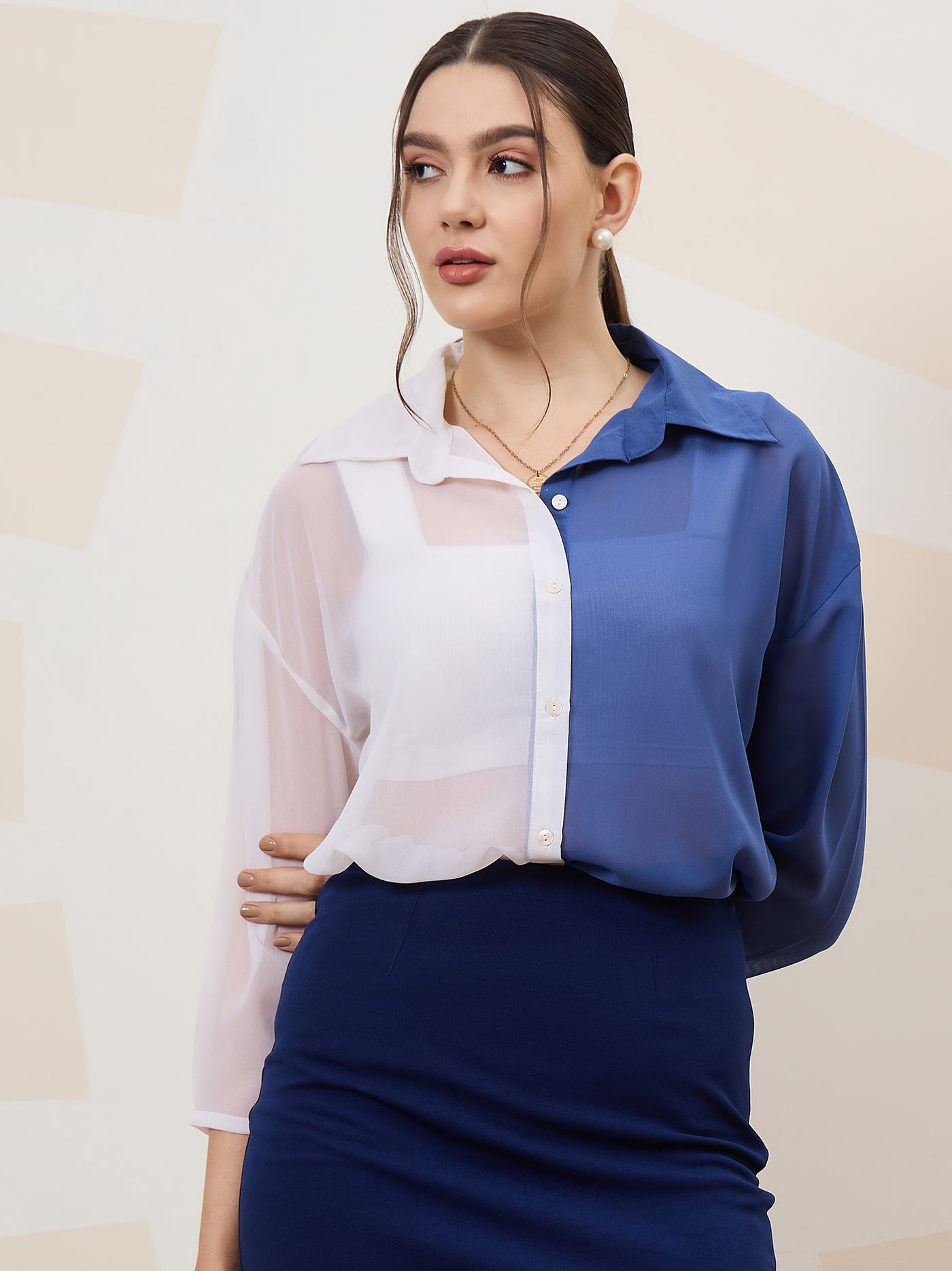 Athena Immutable Colour-blocked Spread Collar Drop-Shoulder Sleeves Sheer Casual Shirt