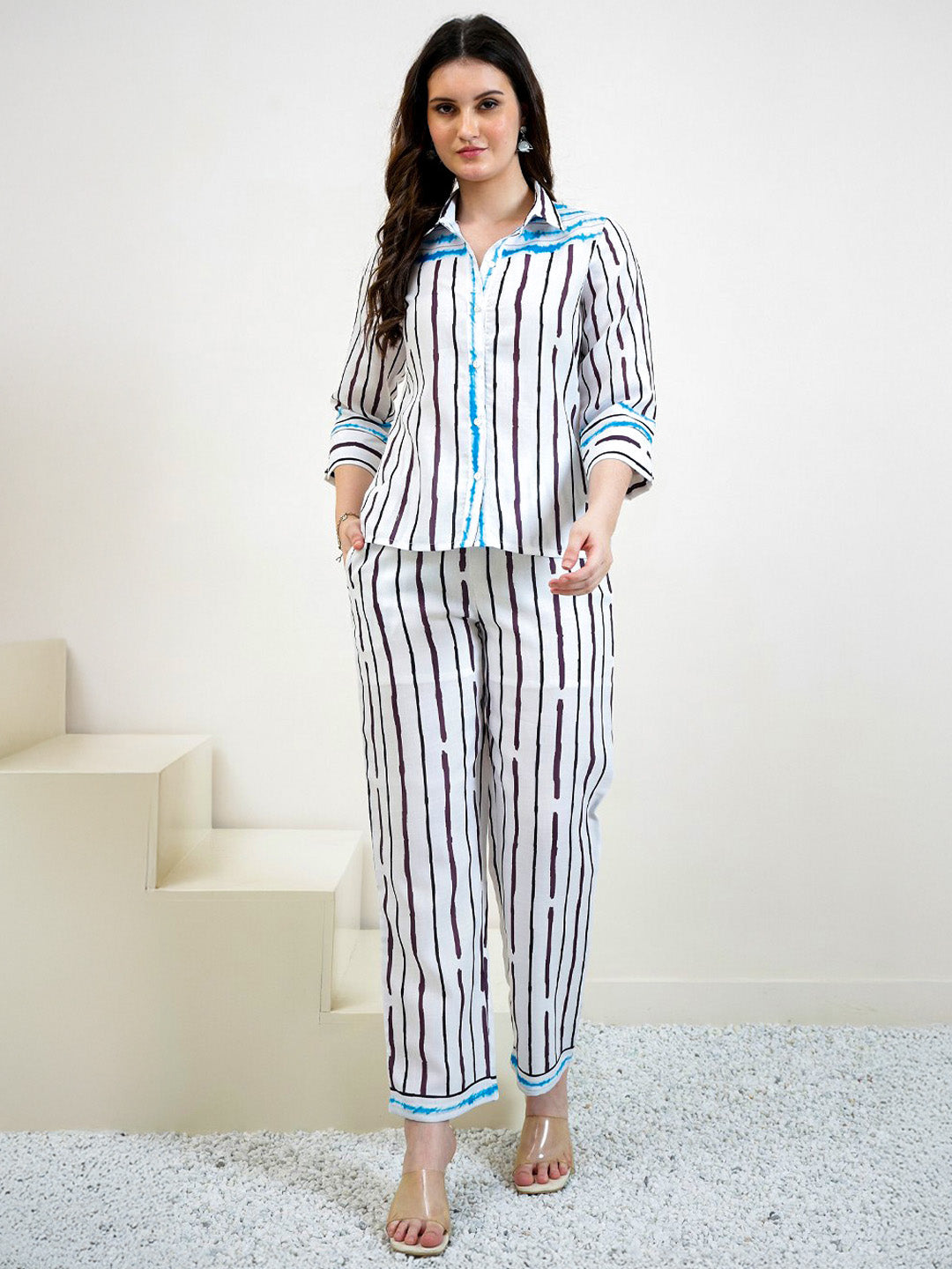 Boho By Athena Stripes Linen Shirt & Trousers Co-Ord Set