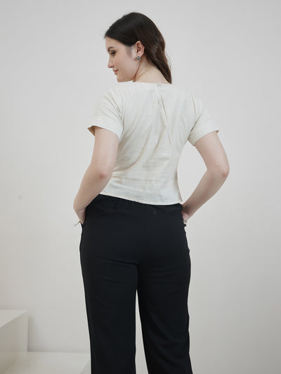 Boho By Athena Women Round Neck Floral Embroidered Tie-Ups Detail Cotton Crop Top