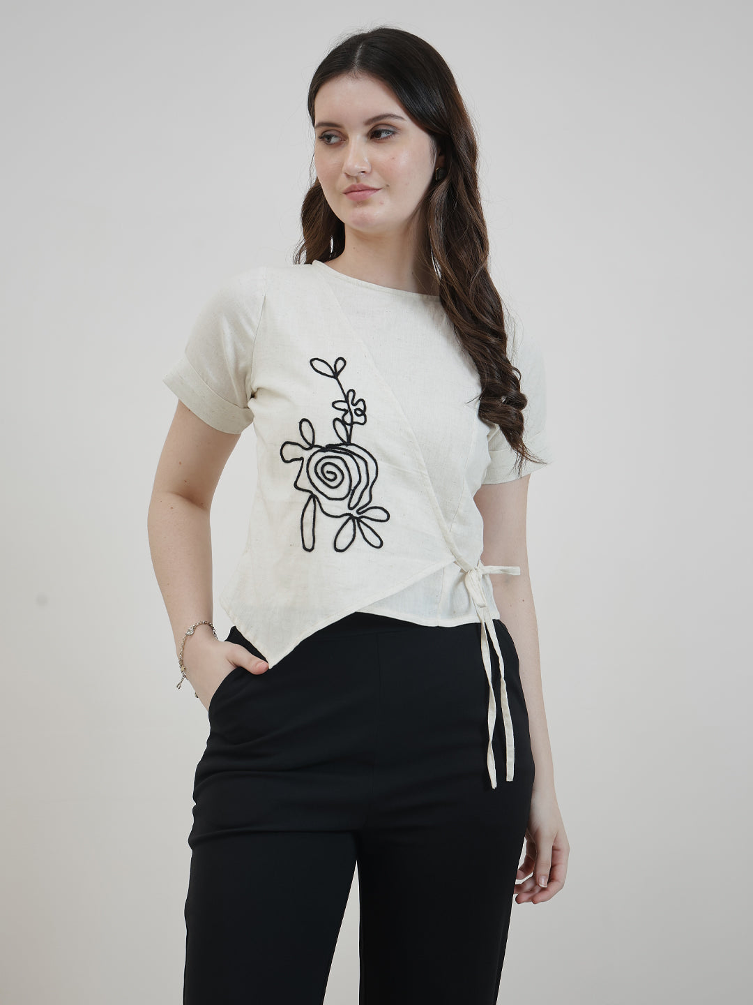 Boho By Athena Women Round Neck Floral Embroidered Tie-Ups Detail Cotton Crop Top