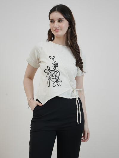 Boho By Athena Women Round Neck Floral Embroidered Tie-Ups Detail Cotton Crop Top