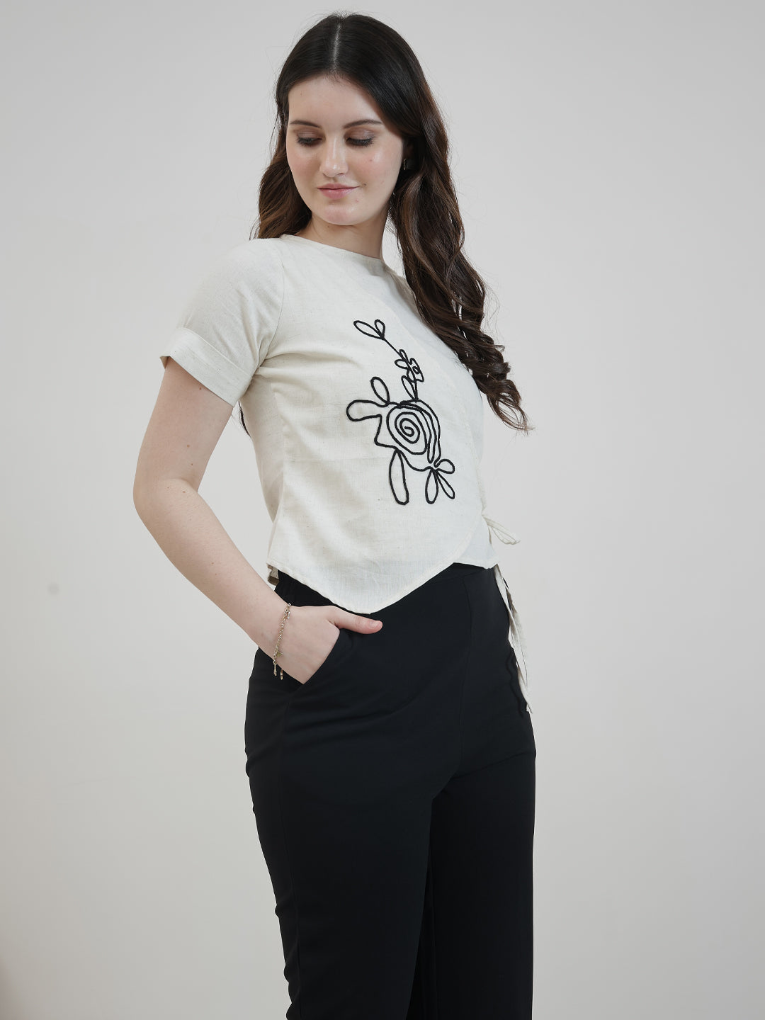 Boho By Athena Women Round Neck Floral Embroidered Tie-Ups Detail Cotton Crop Top