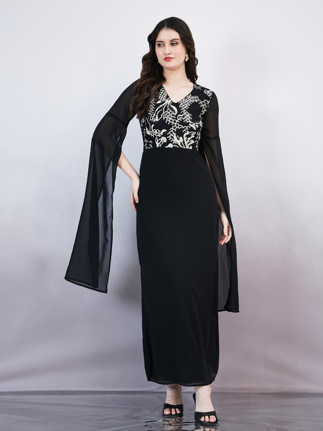 Shally Bhasin by Athena Women V-Neck Embellished Embroidered Georgette Maxi Dress