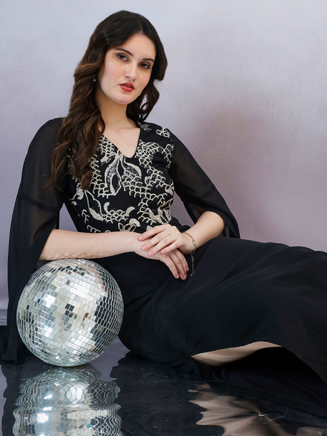 Shally Bhasin by Athena Women V-Neck Embellished Embroidered Georgette Maxi Dress