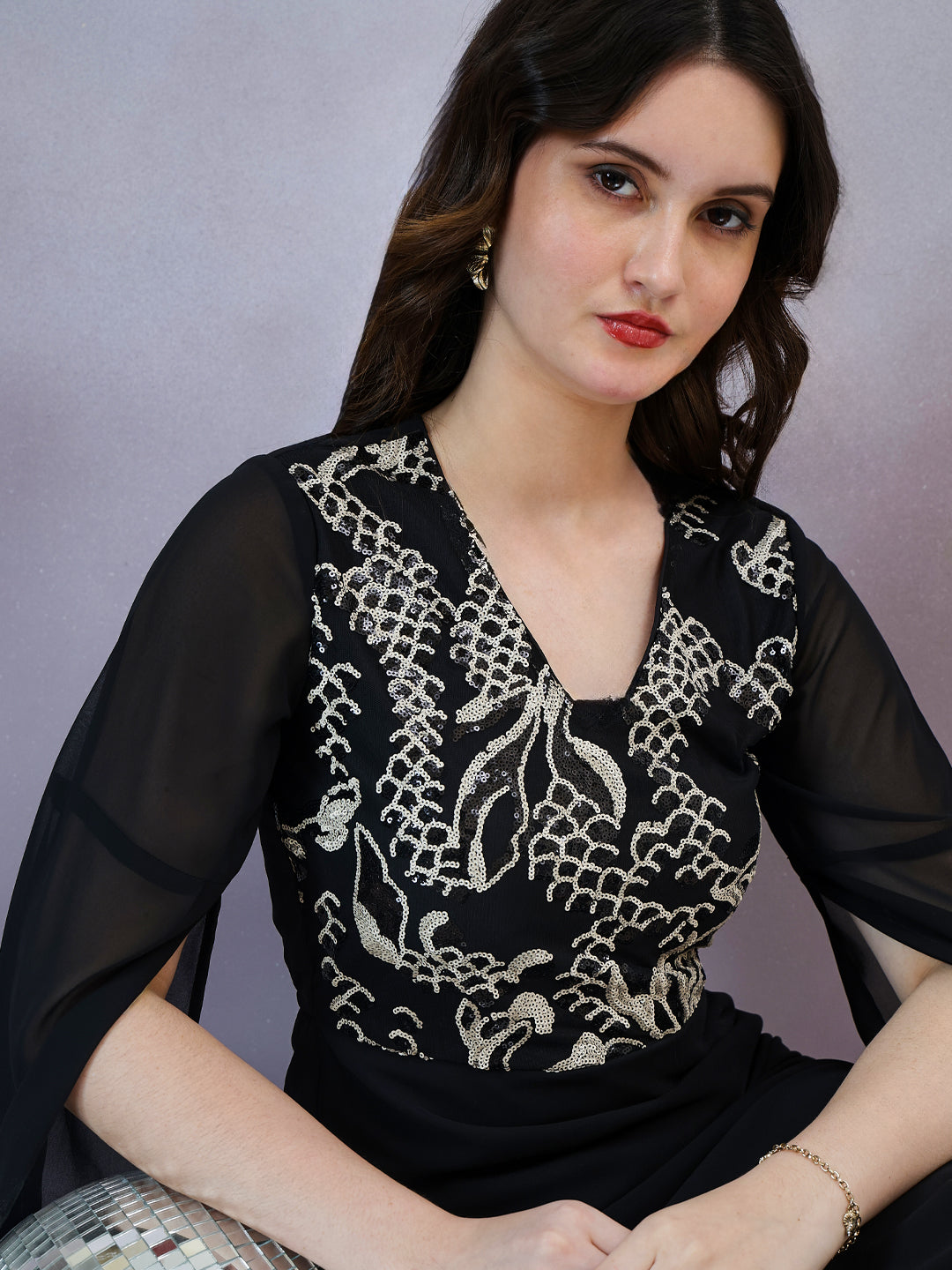 Shally Bhasin by Athena Women V-Neck Embellished Embroidered Georgette Maxi Dress