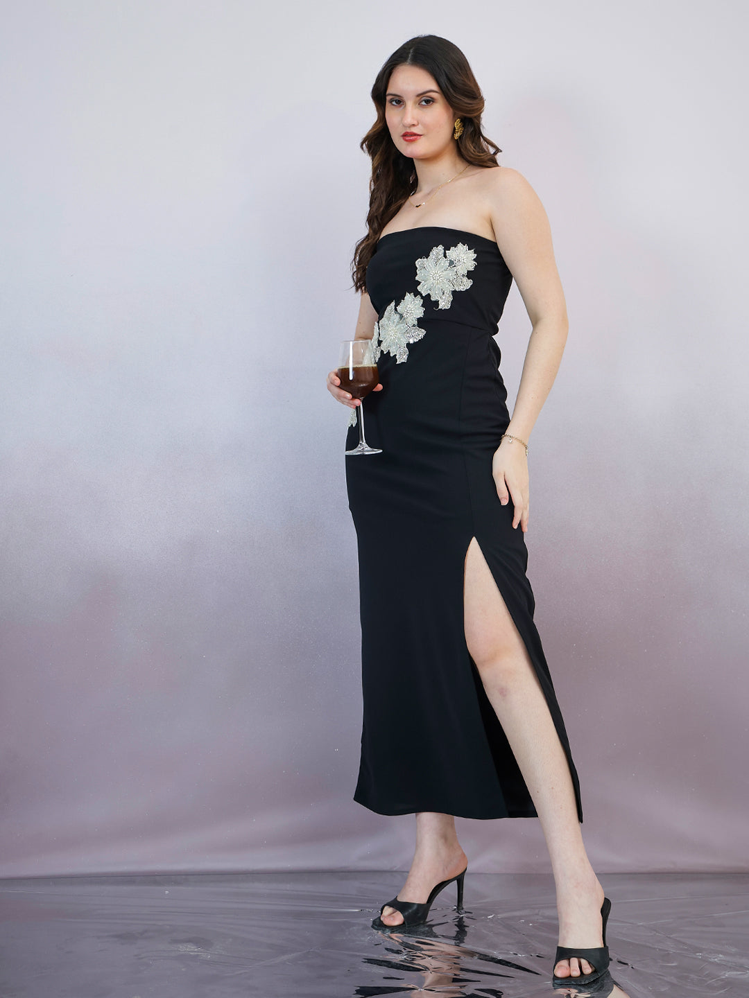 Shally Bhasin by Athena Women Embellished Applique Scuba Bandeau Midi Dress