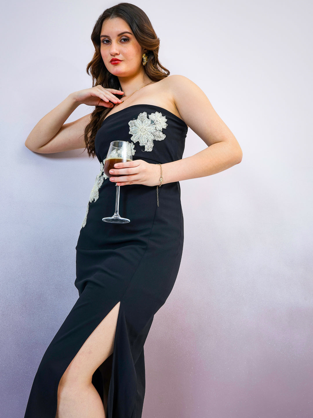 Shally Bhasin by Athena Women Embellished Applique Scuba Bandeau Midi Dress