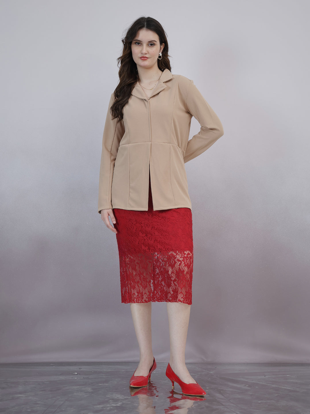 Shally Bhasin by Athena Self Design Shirt Collar Lace Blazer Midi Dress