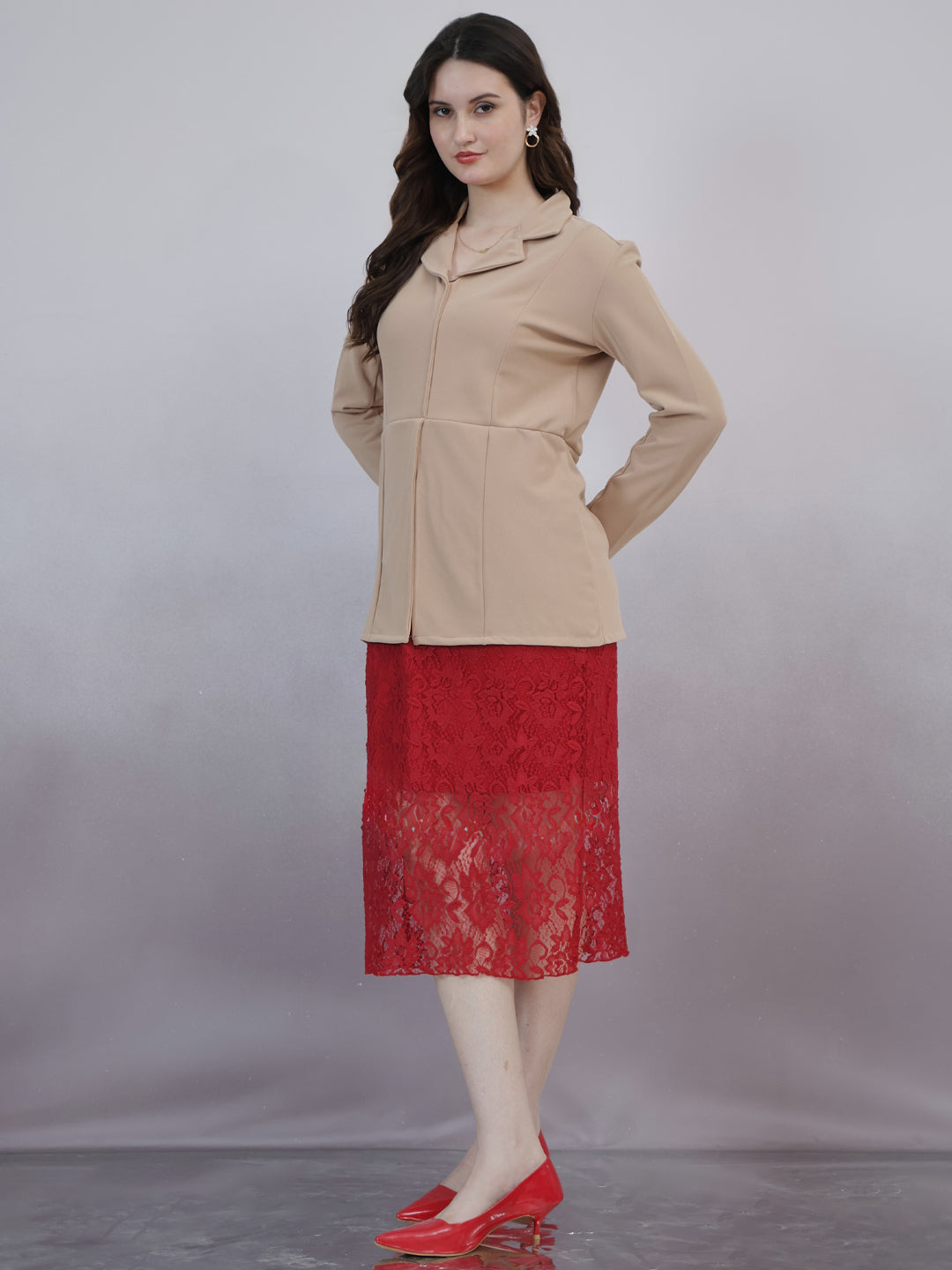 Shally Bhasin by Athena Self Design Shirt Collar Lace Blazer Midi Dress