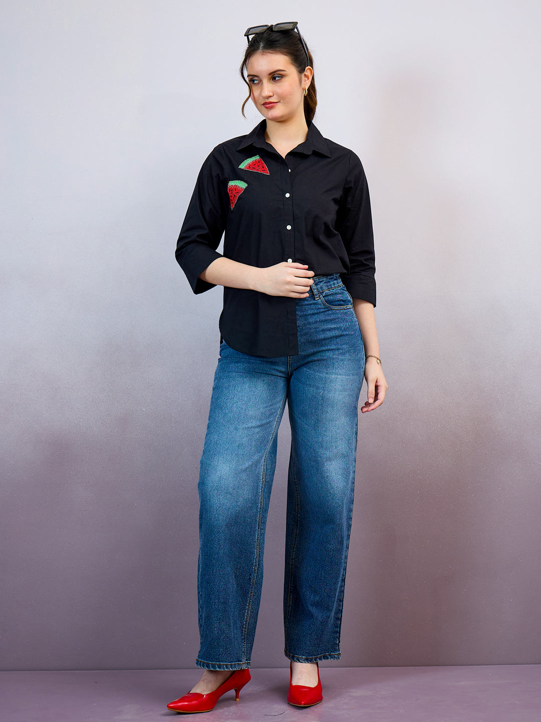 Shally Bhasin by Athena Women Standard Fit Solid Spread Collar Cotton Casual Shirt