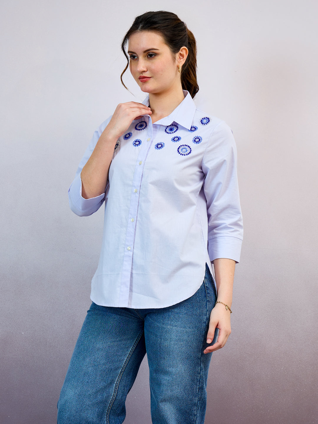 Shally Bhasin by Athena Spread Collar Embellished Standard Relaxed Fit Cotton Shirt