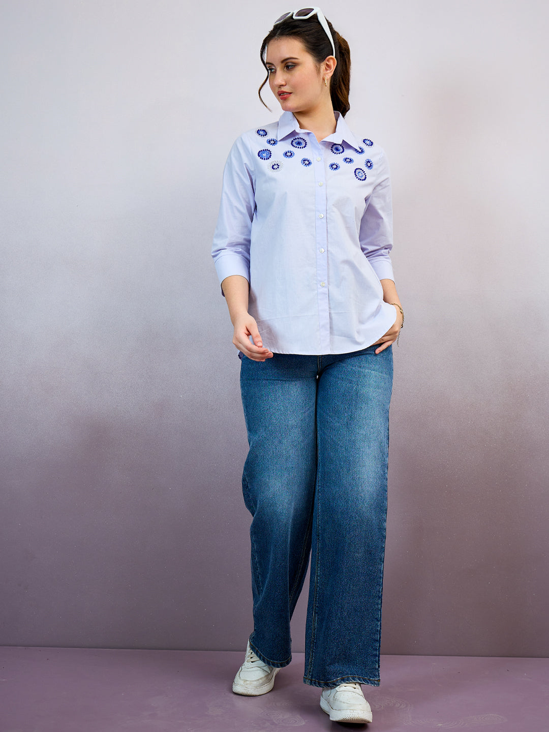 Shally Bhasin by Athena Spread Collar Embellished Standard Relaxed Fit Cotton Shirt