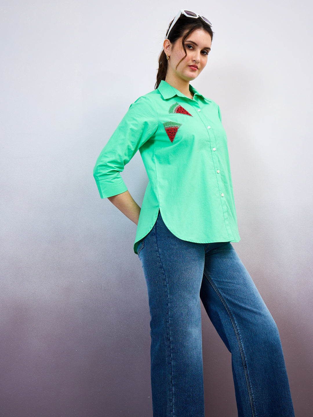 Shally Bhasin by Athena Standard Spread Collar Embroidered Relaxed Fit Cotton Shirt