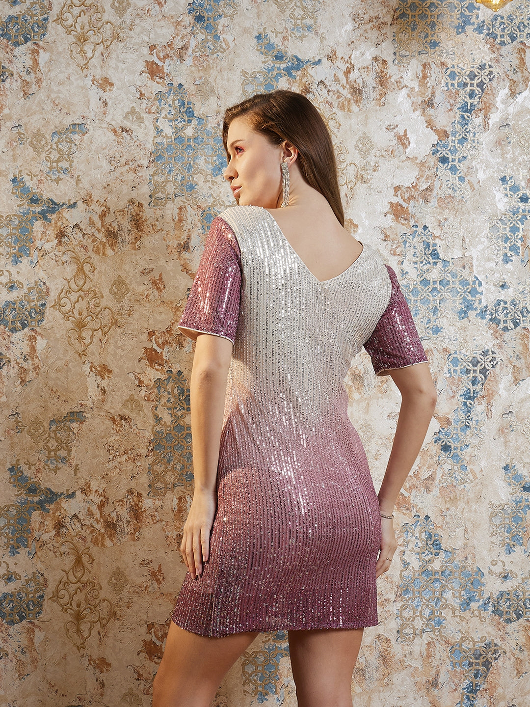 Athena Beige & Maroon Embellished V-Neck A-Line Mini Dress