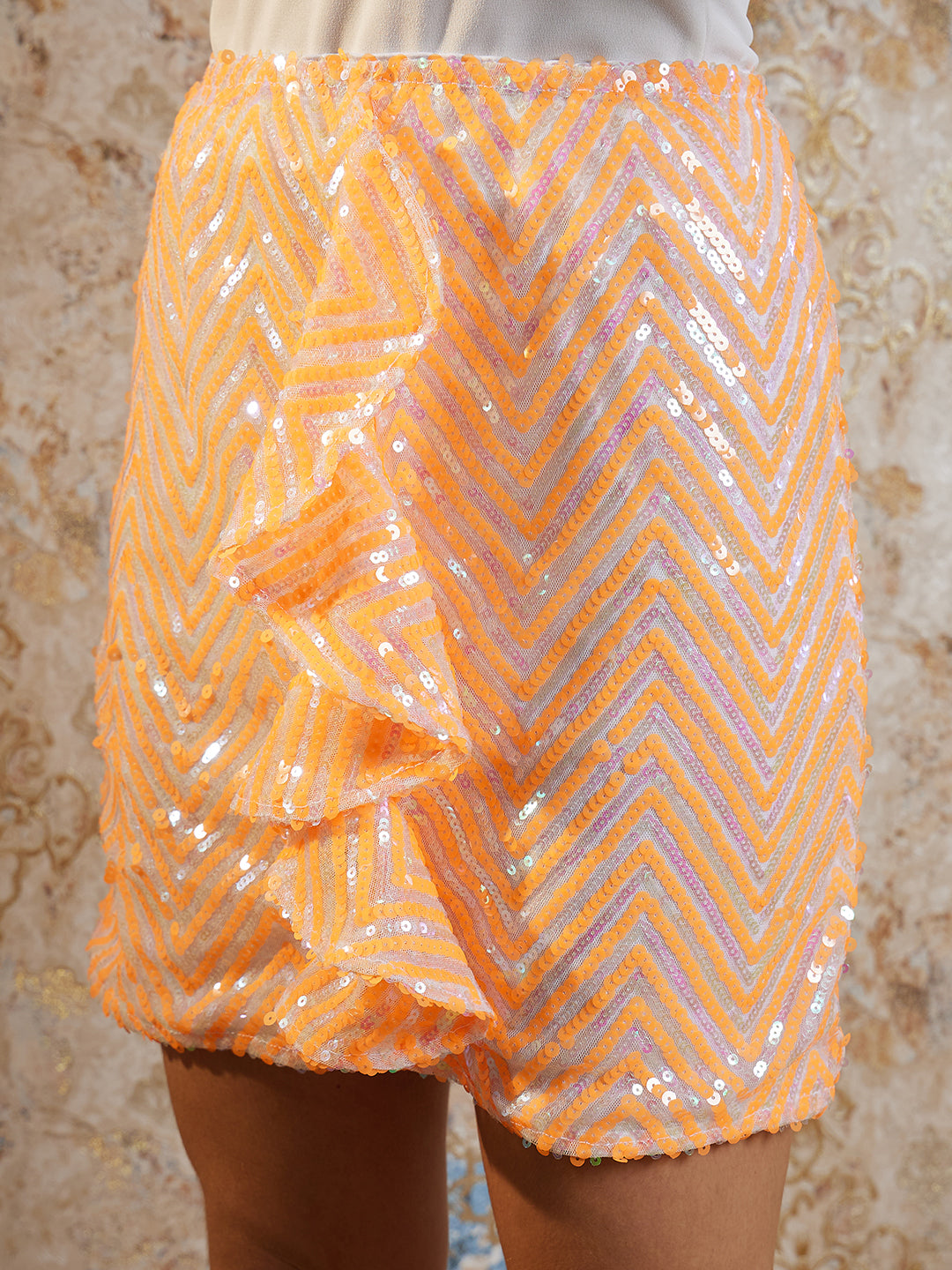 Athena Embellished Sequinned Ruffles Net Straight Mini Skirt