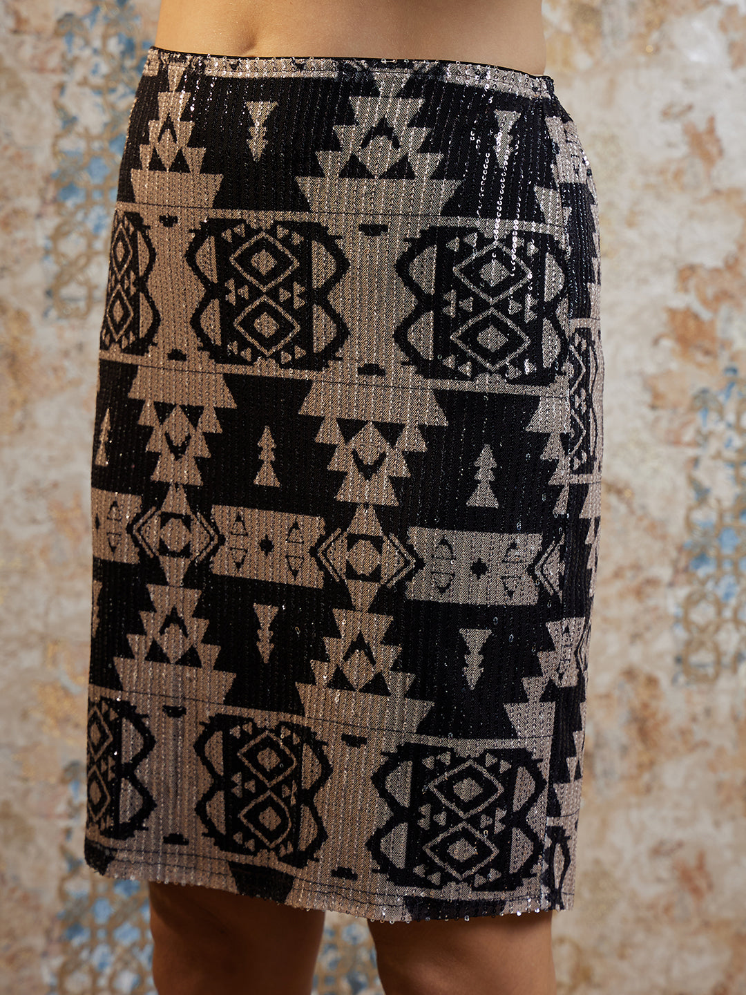 Athena Geometric Printed Sequinned Net Above Knee Straight Skirt