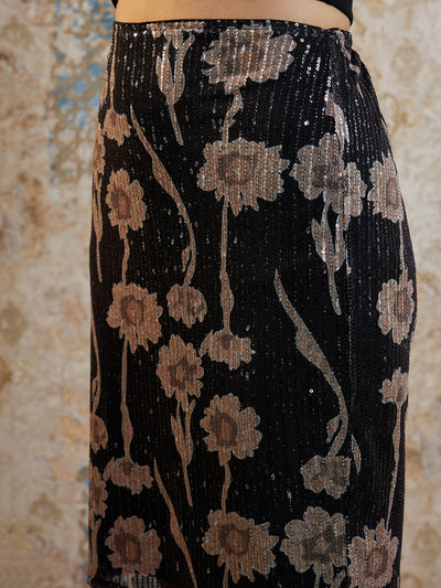 Athena Black Floral Sequence Skirt