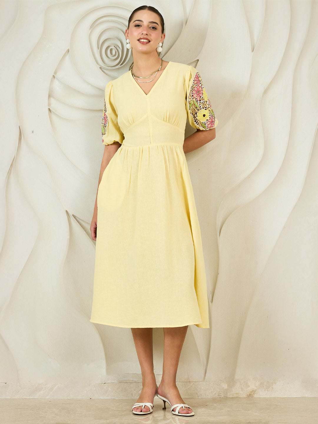 Boho By Athena Embroidered Puff Sleeves Cotton Fit & Flare Midi Dress