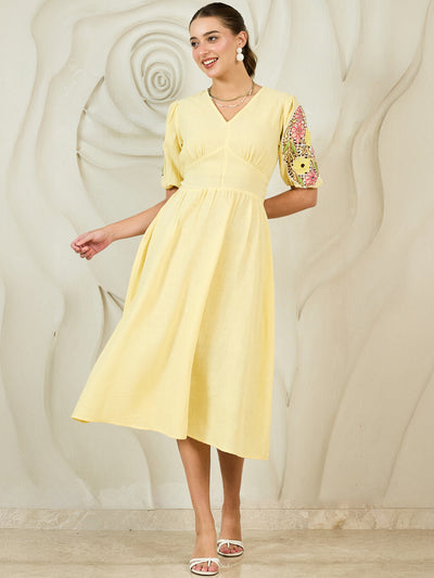 Boho By Athena Embroidered Puff Sleeves Cotton Fit & Flare Midi Dress