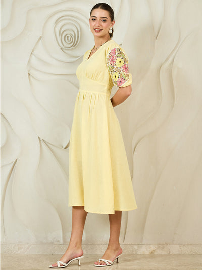 Boho By Athena Embroidered Puff Sleeves Cotton Fit & Flare Midi Dress