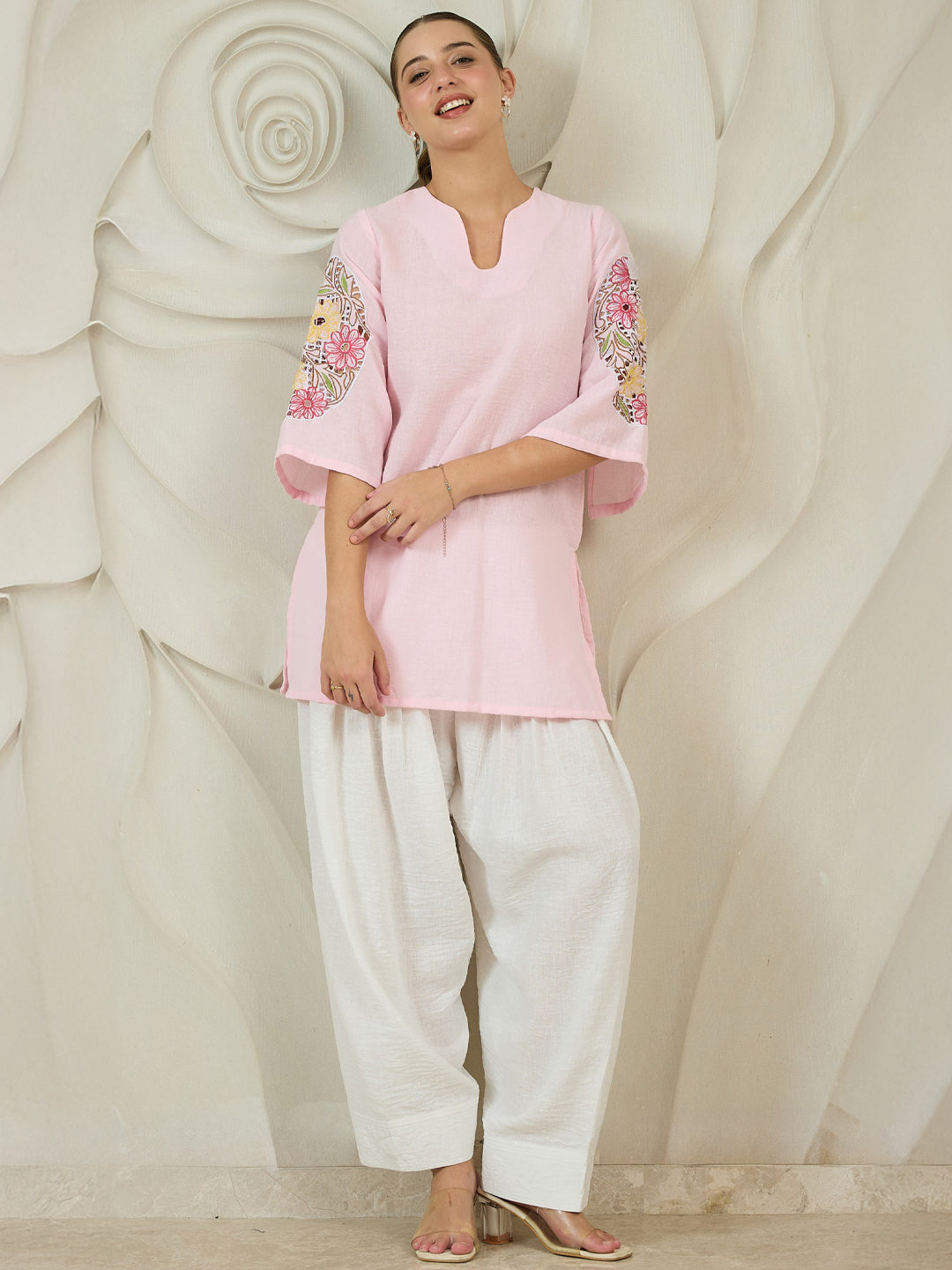 Athena Floral Embroidered Notch Neck Patchwork Pure Cotton Kurta With Salwar